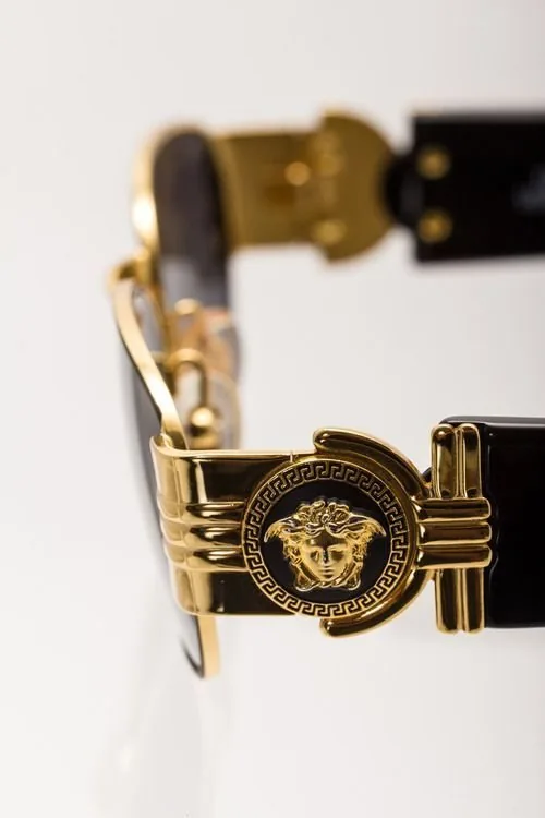 Versace Medusa detail on men's eyeglasses at 20/20 Vision, Rochester Hills