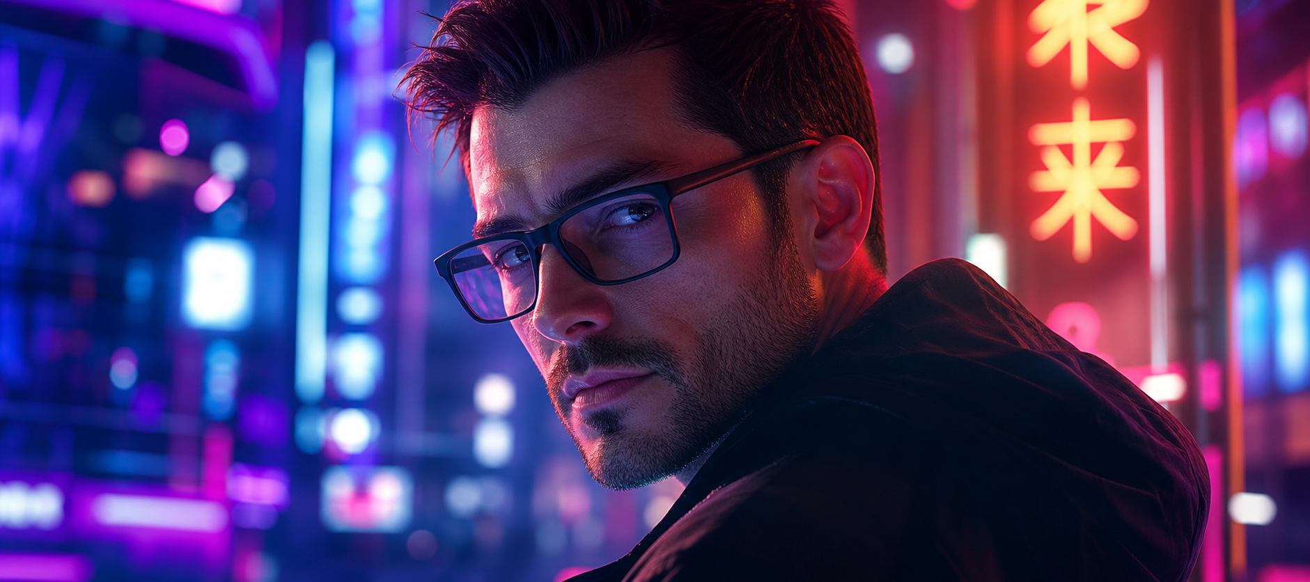 Man in stylish black frames looking toward neon lights