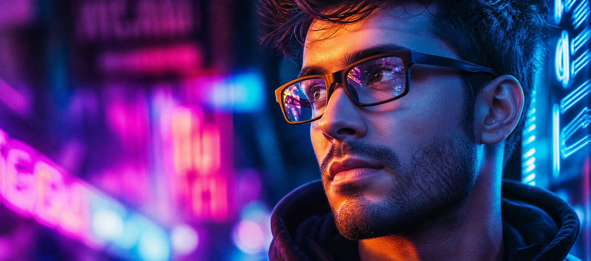 Man wearing glasses under vibrant neon lights