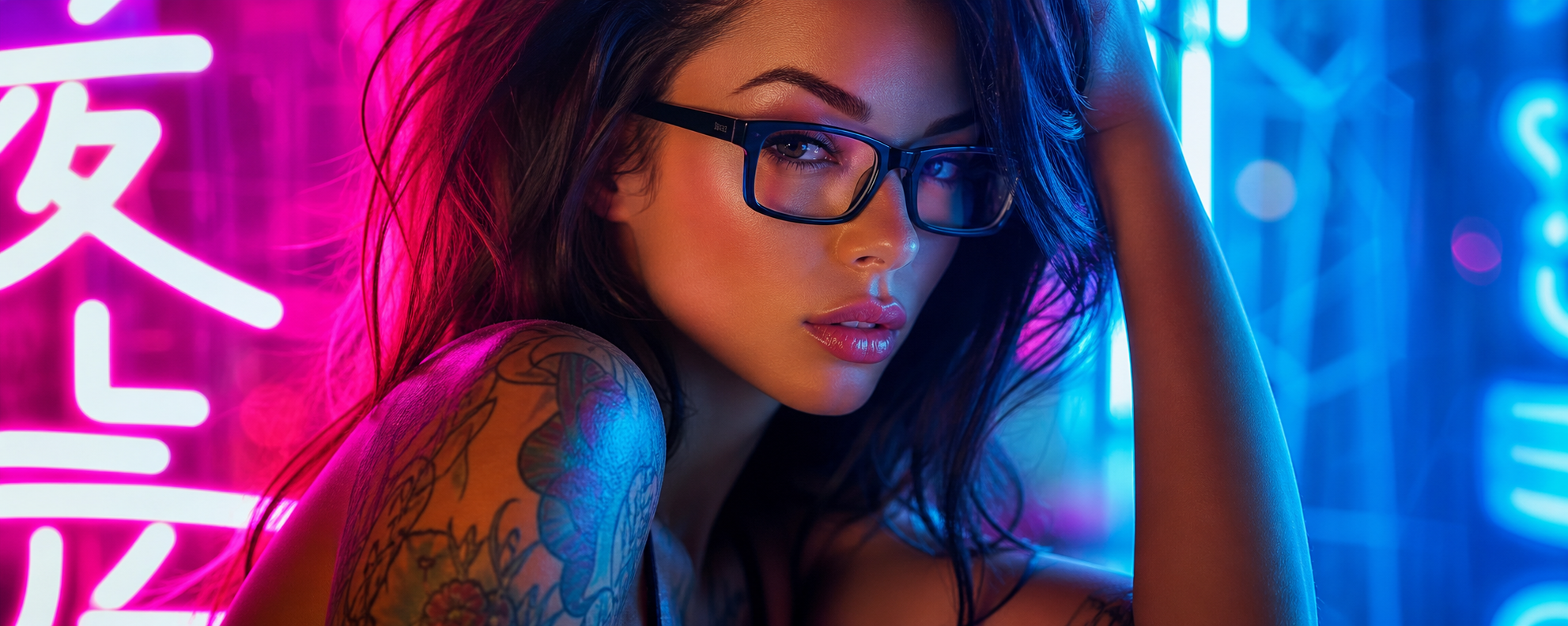 Woman in designer eyeglasses under pink and blue neon lights