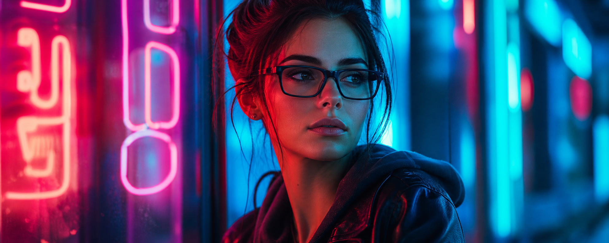Woman in black frame eyeglasses lit by magenta and cyan neon